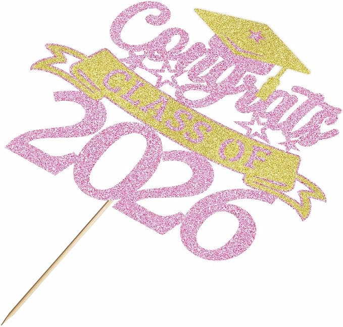 Glitter Class of 2026 Cake Topper，Congrats Grad Decorations， 2026 Happy Graduation High School/College/University Graduation Party Supplies Pink and Gold