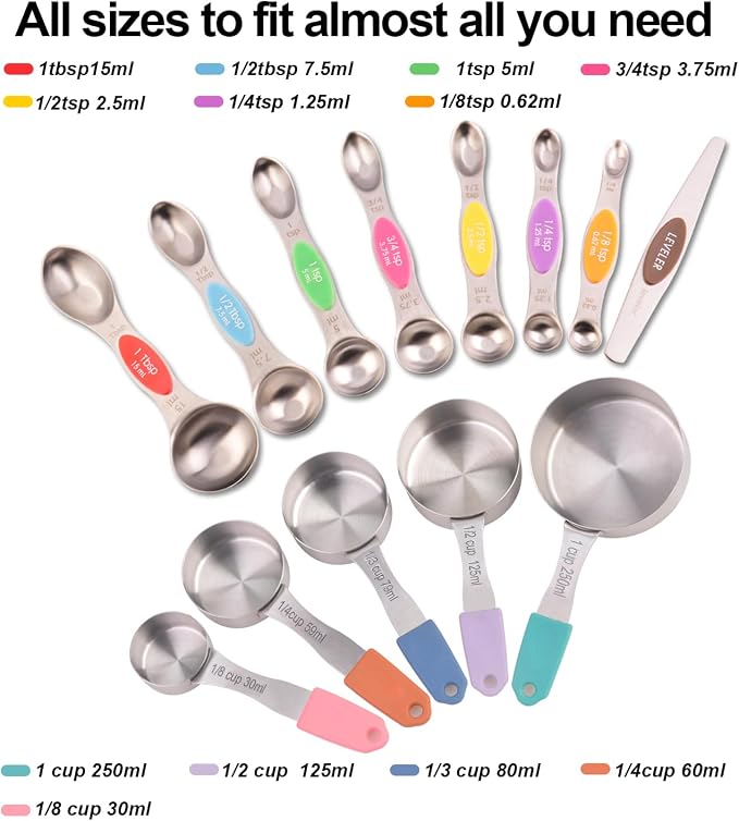 13-Piece All-Magnetic Measuring Cups and Spoons Set, 430 Stainless Steel Metal Measuring Cup and Spoon Set with Silicone Handles & Leveler for Baking Cooking (Multi-color)