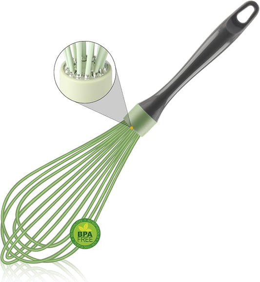 OYV Green Silicone Whisk, Professional Plastic Whisks for Cooking Non-Scratch, Stainless Steel & Heat Resistant Rubber Wisk, Dishwasher Safe, 12-Inch