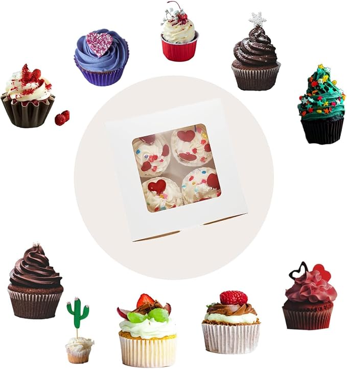 50 Pack Cupcake Boxes Bulk with Clear Display Window Hold 4 Standard Cupcakes, Disposable Food Grade White Cupcake Carrier Cupcake Container, Perfect for Cupcakes Muffins Cookies Pastries