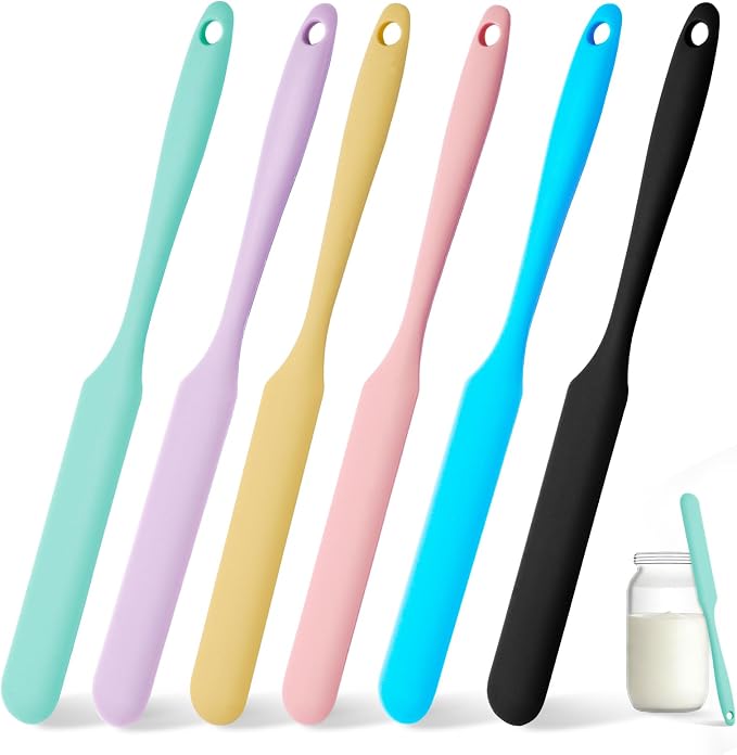 6 Pcs Silicone Jar Spatula Set, Sourdough Spurtle, Jar Scraper, Long Handle Thin Spatulas, Perfect for Jars, Bottles, Containers, Mixing, Scraping, Spreading Jam, Cake Icing and Sourdough Tools. (6)