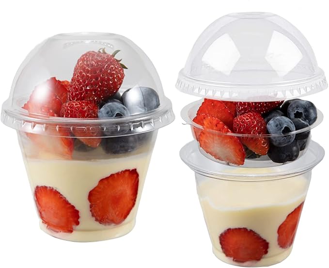 50 Sets 9 oz Clear Plastic Cups with Insert & Dome Lids(NO HOLE) - Disposable Parfait Cups with Lids for Fruit Yogurt Smoothie Iced Cold Drinks Dips and Veggies, No Leaking