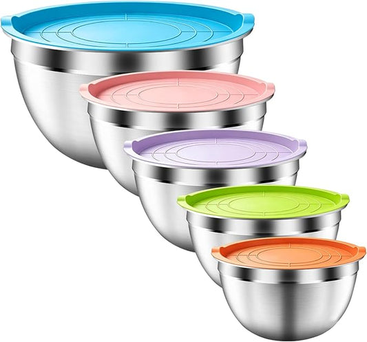 Mixing Bowls with Airtight Lids Set, 5 PCS Stainless Steel Colorful Nesting Bowls for Kitchen, Large Prep Metal Mixing Bowls for Kitchen, 5.5/4/3.5/2/1.5 QT for Mixing & Serving