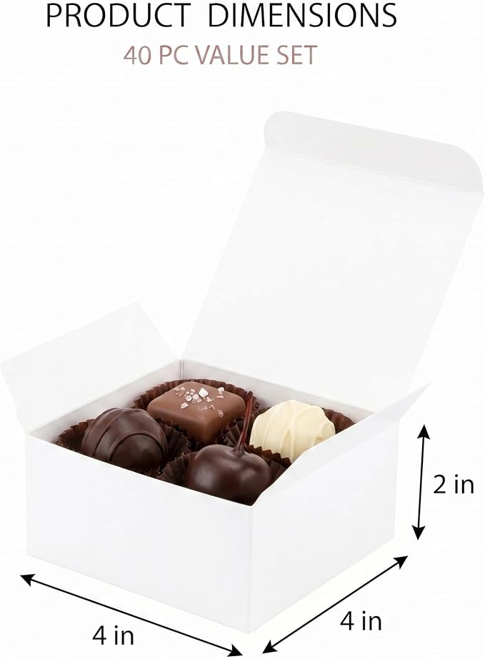 Sunnda 40 Pack 4x4x2 White Small Gift Boxes - Food Grade Cardboard Treat Boxes for Candy, Fudge, Cookies - Small Square Boxes for Ornaments, Jewelry Trinkets, Party Favors, Small Business Packaging