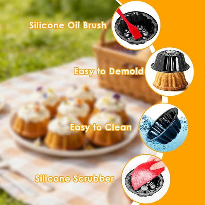 16Pcs 4 Inch Mini Fluted Cake Pan Nonstick Mini Fluted Tube Cake Pan, Carbon Steel Mini Flan Molds Pan with Oil&Dish Brushes, Reusable Oven Baking Mold for Cupcake, Bread Chocolate, Brownie