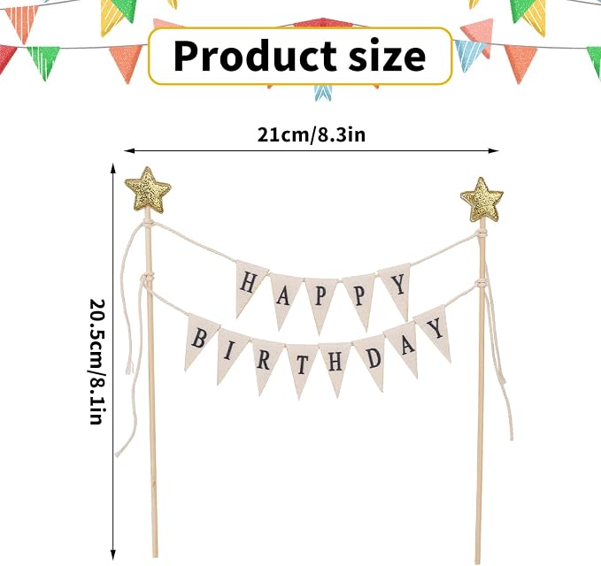 Happy Birthday Flag Banner Cake Topper, Handmade Pennant & Star Garland Birthday Cake Flag Decoration for Party Decorations Supplies