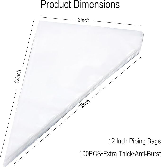 100 Pcs 12 Inch Disposable Piping Bags - Thickened Non-Slip Anti-Burst & Leak Resistant Pastry Icing Bags for Cake Decorating, Cupcake Frosting, Cookie & Chocolate, Fits Standard Tips & Couplers
