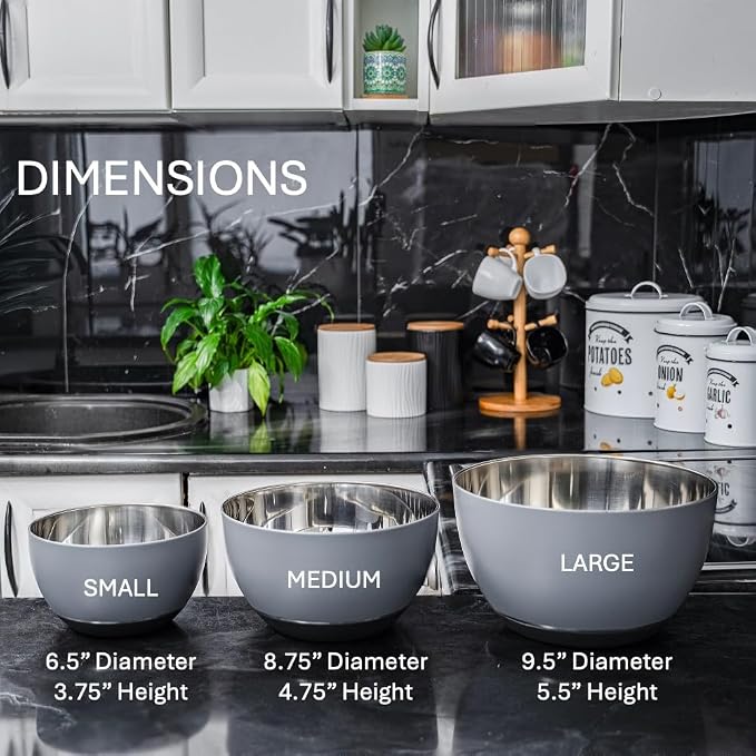 WHYSKO® Stainless Steel Mixing Bowls (Set of 3) with Non-Slip Silicone Base for Kitchen, Dishwasher Safe Bowls for Meal Prep, Cooking, Baking, Serving, Food Storage (Grey)