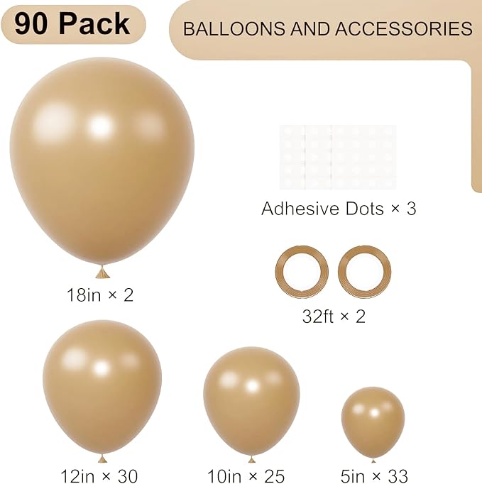 Voircoloria 90pack Khaki Balloons Different Size 18/12/10/5 Inch Khaki Balloon Garland Arch Kit for Graduation, Wedding, Birthday, Princess Theme Party, Baby Shower, Anniversary Party Decorations
