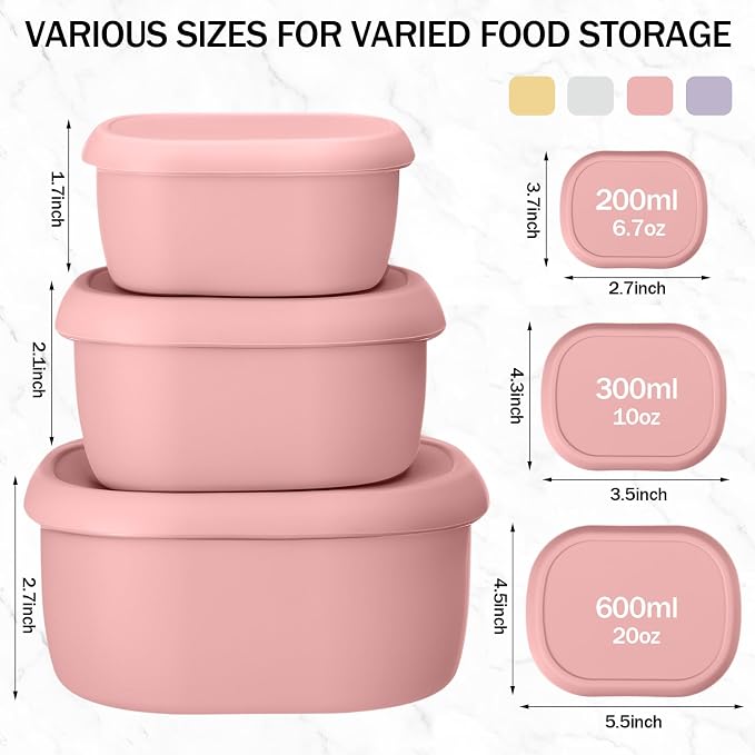 Blushtier 12 Pcs Silicone Food Storage Containers with Lids Reusable Silicone Snack Container 3 Size Lunch Box Bento with Lids Freezer Dishwasher Safe,6.7oz, 10oz, 20oz (Macaroon Color)