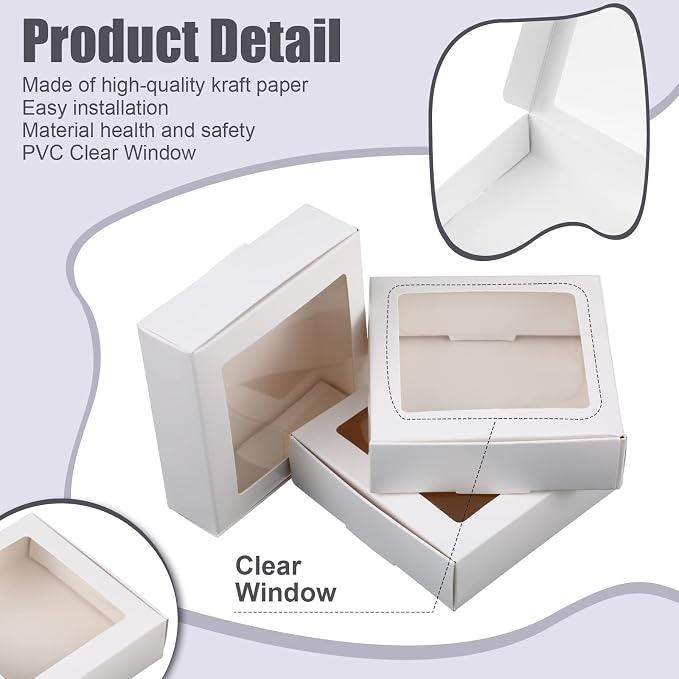 Zonon 30 Pcs Kraft Paper Boxes with Window 4.13 x 4.13 x 1.18 Inch Candy Packaging, Small Gift Boxes, Soap holder, Mini Treat Packaging for Bakery Chocolate Jewelry Display (White)