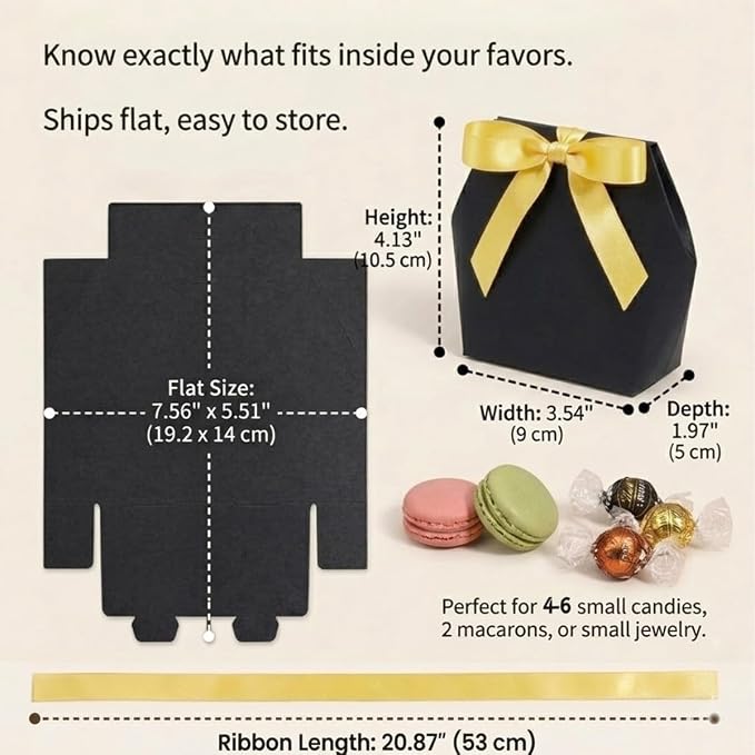 Rowcay Small Gift Boxes with Ribbons, 10 Pack Black Foldable Empty Gift Boxes for Wedding Party Favors, Cookies, Candy, Jewelry, Small Presents, Gift Packaging and Favor Displays