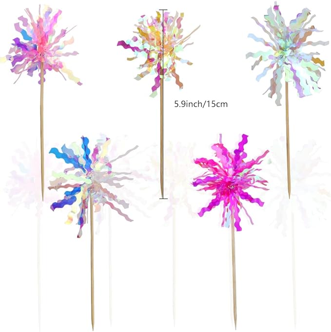 JOGILBOY 10 Pcs Happy Birthday Cake Toppers Foil Firework Cupcake Toppers Sparkle Tinsel Drink Stirrers Flowers Cake Decoration Cocktail Food Fruit Toothpick for Cake Decoration Party Supplies