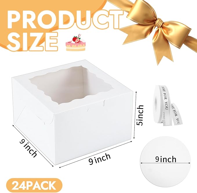 48PCS 9x9x5 Inches Cake Boxes with Window(24 Boxes &24 Boards) , White Bakery Dessert Boxes,Cajas Pasteles for Cake, Cake Carrier Container for Valentine's Day, Mother's Day, Birthday(9*9*5inch/24pcs)