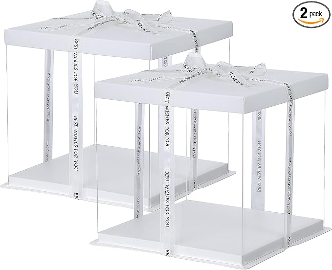 XININSUN 2Pcs Large Cake PET Clear Box, 10" X 10" X 9" with ribbon and pre-folded lid, for 8" cake packing carry, baking cookie display, Carry Tall Layer Gift, Festive Gift Box -White