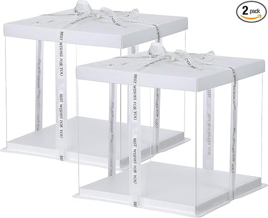 XININSUN 2Pcs Large Cake PET Clear Box, 10" X 10" X 9" with ribbon and pre-folded lid, for 8" cake packing carry, baking cookie display, Carry Tall Layer Gift, Festive Gift Box -White