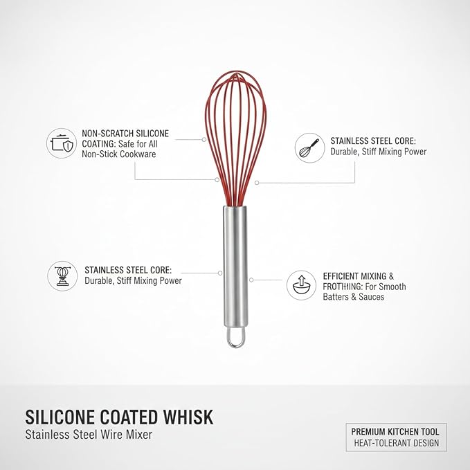 Silicone Coated Whisk, Stainless Steel Wire Mixer for Non-Stick Pots and Bowls, Kitchen Tool for Sauces (1 Count)