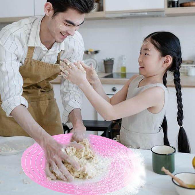 2-Pack 12 Inch Pink Silicone Baking Pad, Round Cake Decorating Mat for Rotating Stand, Non-Stick Fondant Work Surface, Washable Pastry Sheet for Bread Pizza Dough