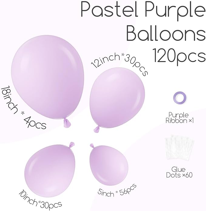 120pcs Pastel Purple Balloons, 18 12 10 5 inch Light Purple Balloons Different Sizes Purple Balloon Garland for Baby Shower Gender Reveal Wedding Birthday Party Decorations