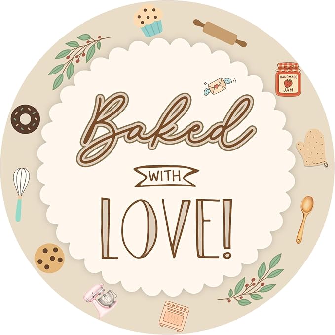 Baked with Love Stickers 120Pcs, 2 Inch Round Baking Labels for Homemade Goods, Bakery Packaging, Cookie Bags, Thank You Gifts, Small Business Packaging & Party Favors (Baked with Love)