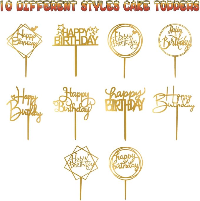10-Pack Happy Birthday Cake Toppers,Gold Cake Toppers Acrylic Birthday Cake Supplies,4inchx6inch (Gold)