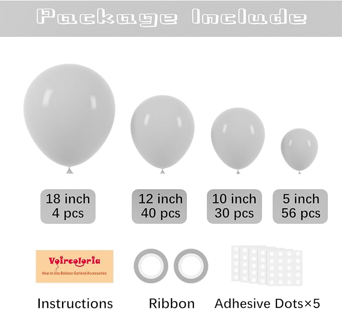 Voircoloria 130pcs Gray Balloons Different Sizes 18" 12" 10" 5" Pastel Gray Balloons for Boys Girls Birthday Baby Shower Gender Reveal Wedding Decorations