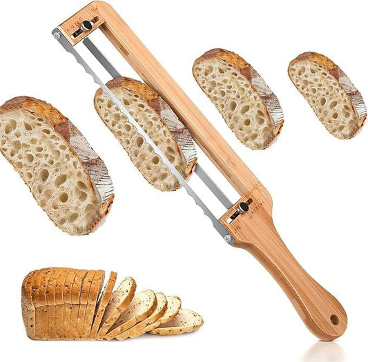 Upgraded Adjustable Bread Slicer - Professional Bread Knife with Thickness Guide, Effortlessly Slices Crusty Sourdough, Soft Loaves & Baguettes, No-Crush Serrated Blade