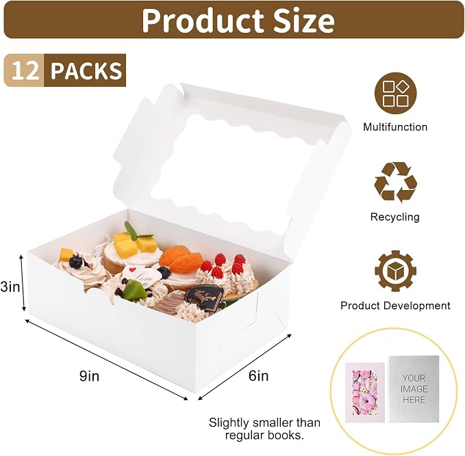 Moretoes 12pcs Cookie Boxes with Window, 9x6x3 Inch White Bakery Boxes Pastry Containers for Chocolate Covered Strawberries, Candy, Muffins, Donuts