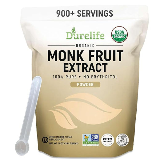 DureLife Organic 100% Pure Monk Fruit Sweetener, No Erythritol, 10 Oz | Zero Calorie Sugar Substitute, No Fillers, Keto Certified, OU Kosher, USDA Organic, Non-GMO Project Verified
