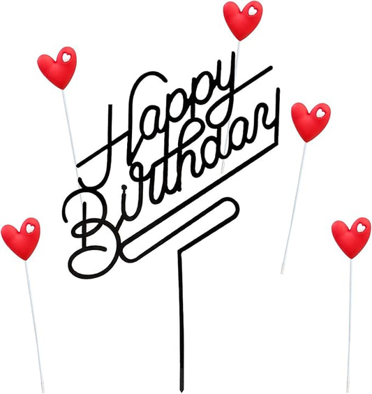 Happy Birthday Acrylic Cake Topper Birthday Party Decorations Cupcake Toppers Decorations Supplies (black red heart-shaped)