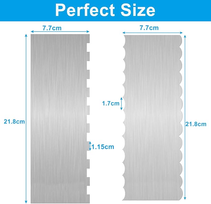 8.7 Inch Stainless Steel Cake Scraper, Double Sided Patterned Edge Stripe Edge Smoother Scraper Cake Decorating for Mousse Butter Cream, 2 Pieces
