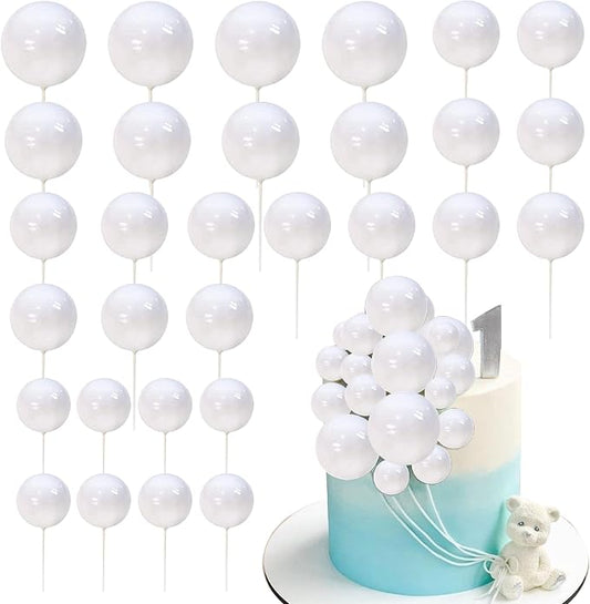 24 PCS Balls Cake Toppers Ball Cake Picks Foam Ball Shaped Cupcake Toppers Mini Balloons Baby Shower Cake Decorations for Wedding Enaggement Bridal Shower Birthday Party Supplies White