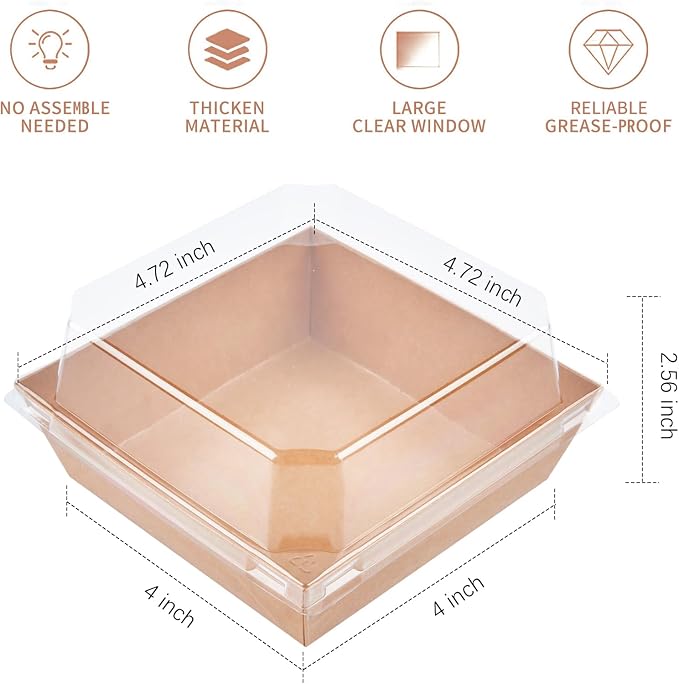 Ocmoiy Kraft Charcuterie Boxes with Clear Lids 4x4 Inch, 50 Pack Brown Square Bakery Cake Slice Boxes with Window, Dessert To Go Containers (50)