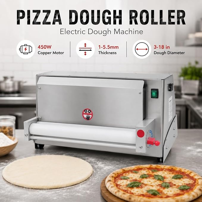 Pizza Dough Roller, 3-18" Automatic Dough Sheeter, 110V 450W Electric Pizza Press Making Rolling Machine - 1-5.5mm Thickness Adjustable for Making Fondant Cakes, Pizza Bases, Crusts
