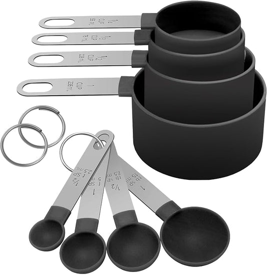 Measuring Cups Set Measuring Spoons Set, Nesting Measure Cups with Stainless Steel Handle, For Measuring Dry and Liquid Ingredients Small Teaspoon with Plastic Head (Black)