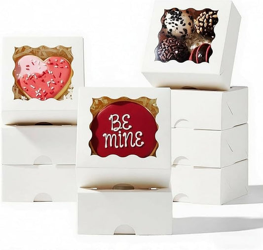 RomanticBaking 3.2" x 3.2" x 1.5" 100PCS Cookies, Soap, Chocolate Truffle, Donut, Macaron, Mini Bakery Boxes with Window