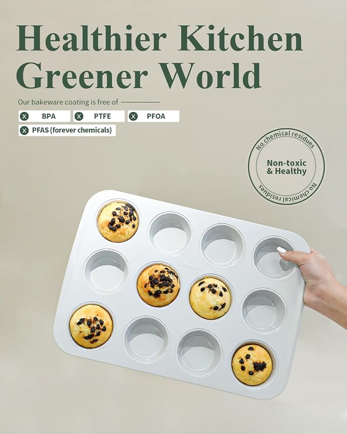 Nonstick Ceramic 12 Cup Muffin Pan, Cupcake Pan for Baking, Non-Toxic Muffin tin, Ceramic Coating, PTFE & PFOA Free, Oven Safe 550°F, Aluminized Steel (Yellow)