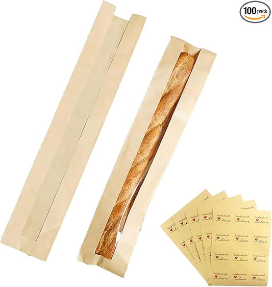 100 Pack Baguette Bags,Kraft Paper Bread Bags for Homemade Bread, Long French Bread Bags with Clear Front Window(23.5 x 4.3 x 1.6 Inch)