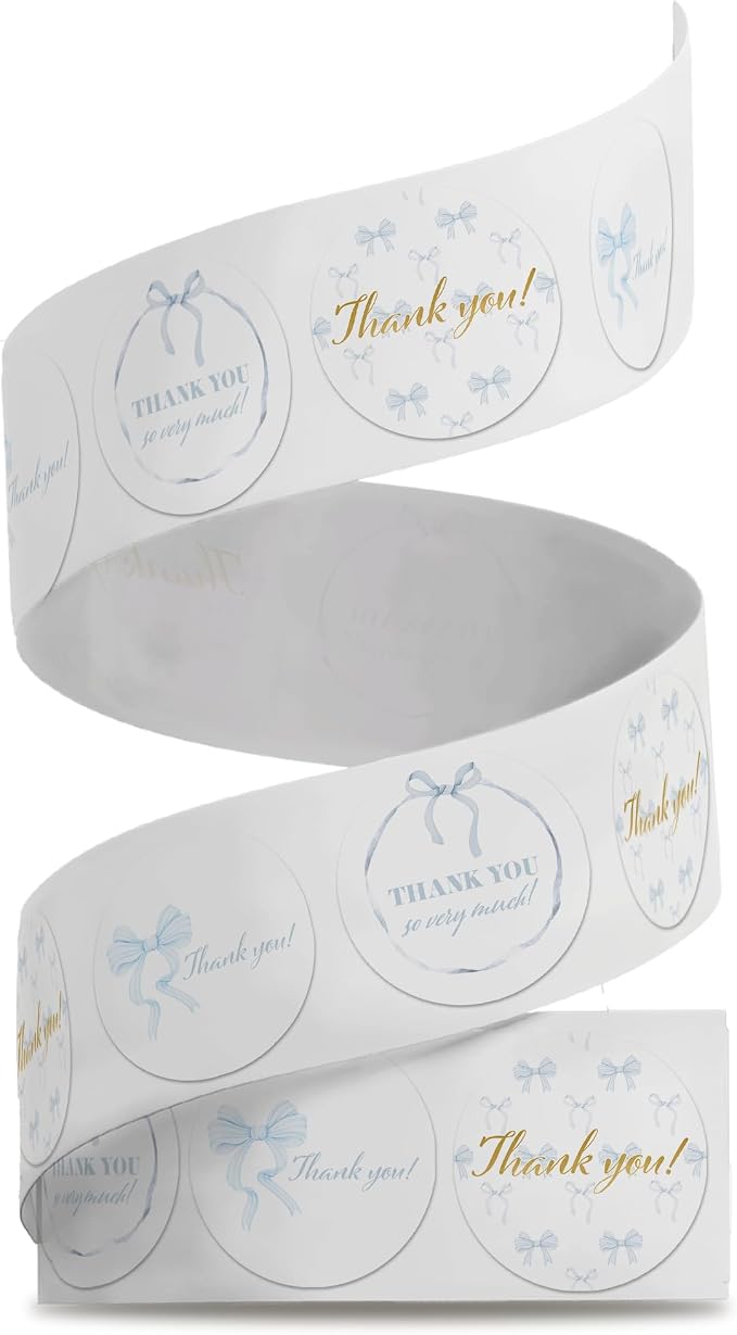 500 Blue Bow Thank You Stickers 1.5 Inch Round Labels Roll for Gifts | Blue Bow Thank You