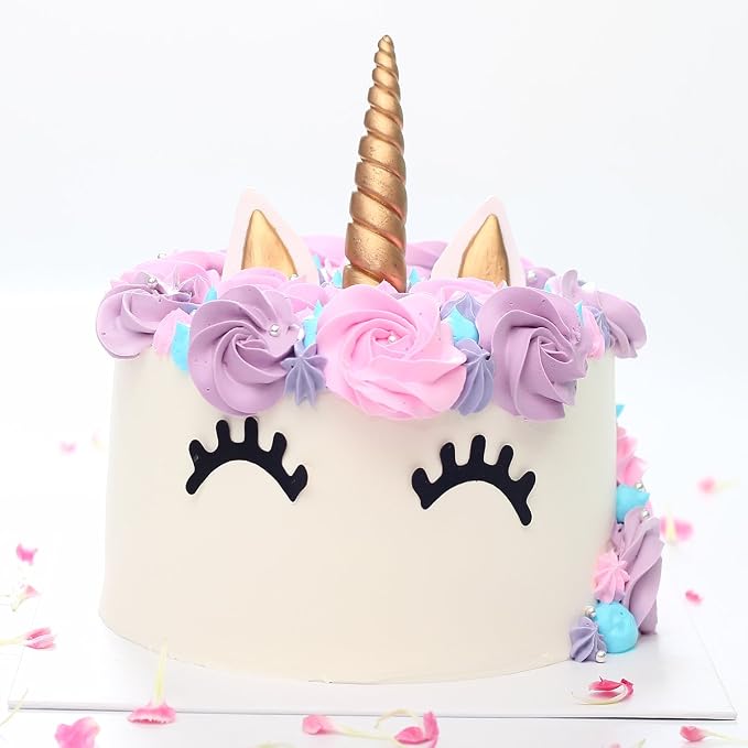 Unicorn Cake Topper, Reusable Gold Unicorn Horn, Ears and Eyelashes Party Cake Decoration Value Set for Unicorn Party Decoration for Baby Shower, Wedding and Birthday Party(Set of 5)