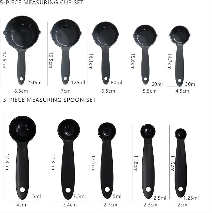 Measuring Cups and Spoons Set, 10 Piece Cute Plastic Measuring Cup Spoon Set, 5 Measure Cup and 5 Spoon For Dry & Liquid, Black Food Measure Cups Spoons for Baking & Kitchen