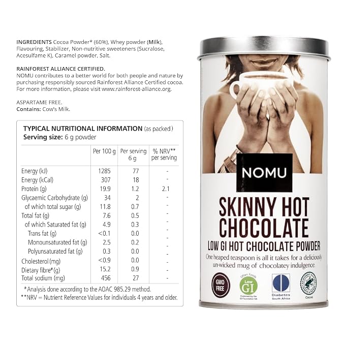 NOMU Skinny 60% Cocoa Hot Chocolate (33 servings) | 20 Calories only, Keto Diet Drink, Low GI, High Protein (Pack of 2)
