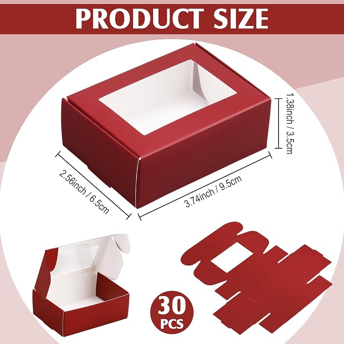 Zonon 30 Pcs Soap Boxes for Homemade Packaging, Mini Kraft Boxes with Window for Bakery Candy Soap Making Gift Packaging, 3.7x2.6x1.4 Inch (Burgundy)