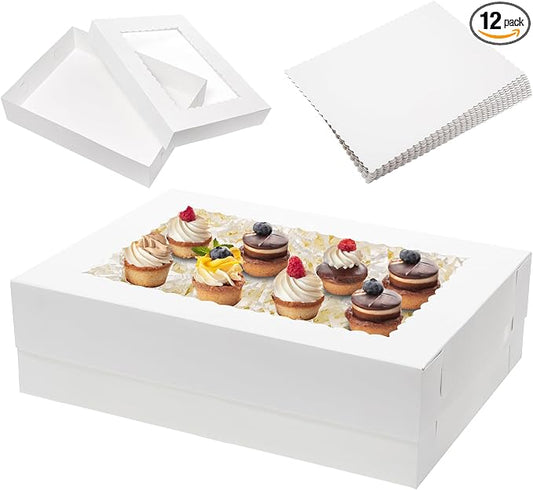 Mefleet 6pcs 19x14x5 Half Sheet Cake Boxes with 6pcs Cake Boards Rectangle 1/2 Sheet Bakery Boxes with Window for Pastry Baking Cake, Cupcakes, Donuts, Cookies, Pie Treat Packaging White Large