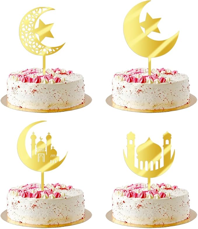 12 piece Acrylic gold Glitter Moon and Star Eid Mubarak cake Topper Ramadan Party Supplies Islamic Muslim Party Decorations