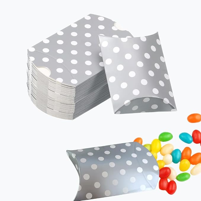 50 Pcs Kraft Paper Pillow Gift Boxes,3.5x2.6 Inch Mini Folding Treat Boxes, Creative Favor Box Folding Treat Boxes for Bakery, Candy, Jewelry, Wedding & Party Favors(Silver dots)