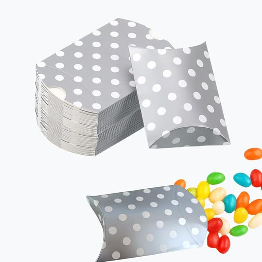 50 Pcs Kraft Paper Pillow Gift Boxes,3.5x2.6 Inch Mini Folding Treat Boxes, Creative Favor Box Folding Treat Boxes for Bakery, Candy, Jewelry, Wedding & Party Favors(Silver dots)