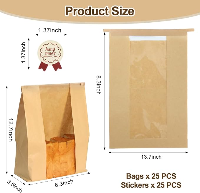 25PCS Sourdough Bread Bags for Homemade Bread Tin Tie Tab Lock Paper Large Bakery Bags with Window for Baked Food Packaging Storage Gift Giving Includes 25PCS Label Seal Stickers 13.7x8.3x3.5in