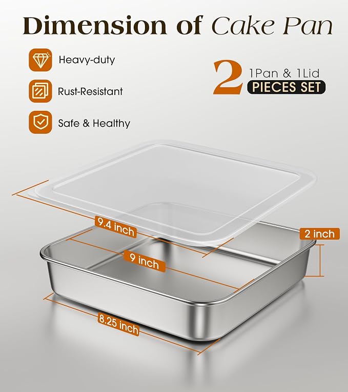 9 x 9-Inch Baking Pan with lid, 304 Stainless Steel Square Cake Pan, Commercial Grade Bakeware for Cakes Brownies Casseroles, Thicker Rectangle Sheet Cake Pans, Non-toxic & Heavy Duty &Dishwasher Safe