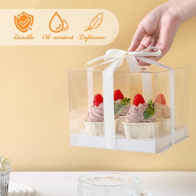 JCD 4Pack Clear Cupcake Boxes, 4 Count Cupcake Containers with Gift Ribbon,5.3inches height Plastic Cupcake Carrier Holder for Treat Dessert Cookies Muffins Pastry Baby Shower Party(4count/4pcs)